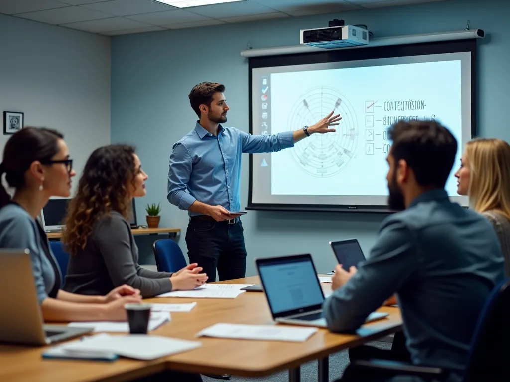 A professional classroom with diverse students engaging in a software testing and QA course.