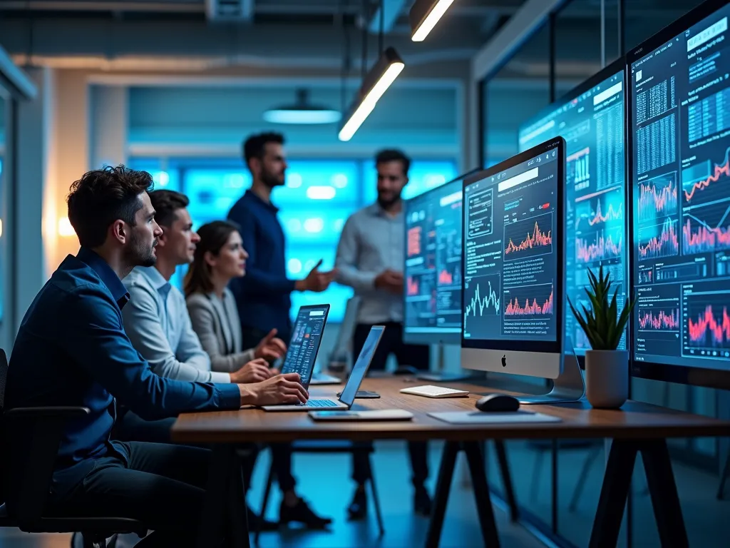 Diverse employees in a modern office setting working on computers with screens displaying data analytics, indicative of AI development and teamwork.
