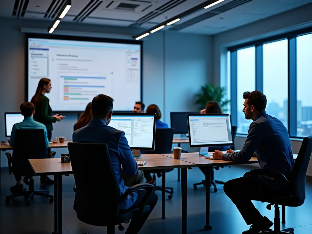 People in a modern classroom setting working at computer stations with an instructor at the front.